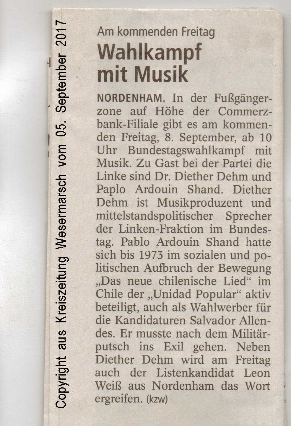 Wahlkampf mit Musik Kreiszeitung Wesermarsch vom 05.09.2017